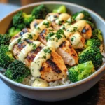 Grilled Chicken & Broccoli Bowls with Creamy Garlic Sauce
