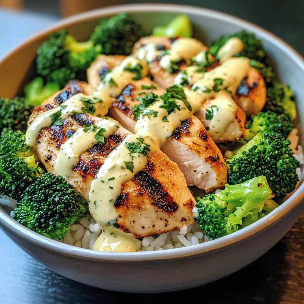 Grilled Chicken & Broccoli Bowls with Creamy Garlic Sauce