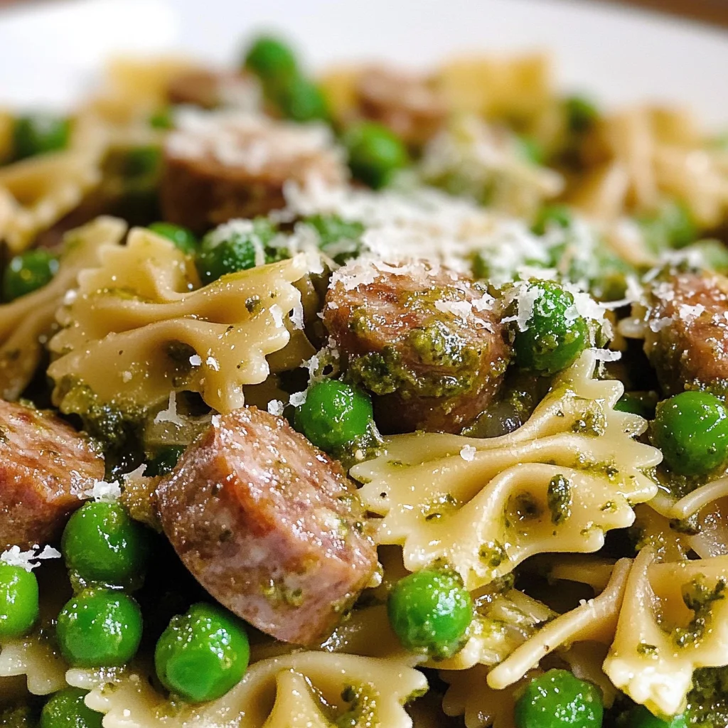 Sausage Pesto Pasta with Caramelized Onions and Peas