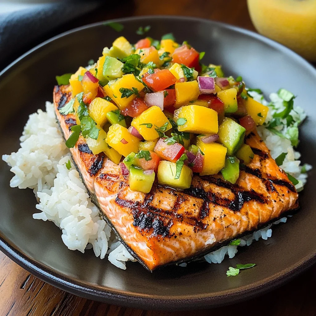 Grilled Salmon with Mango Salsa and Coconut Rice