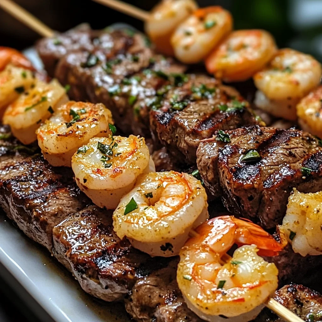 Grilled Steak and Shrimp Skewers with Garlic Butter