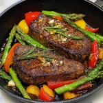 One Pan Seared New York Strip Steak with Garlic, Rosemary, Butter and Veggies