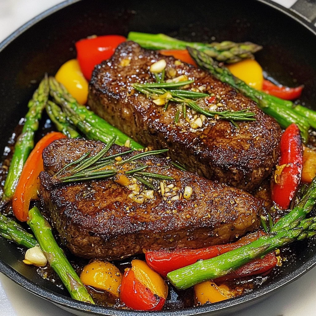 One Pan Seared New York Strip Steak with Garlic, Rosemary, Butter and Veggies